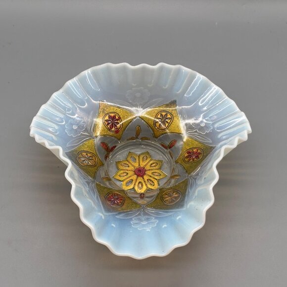 Antique Goofus Glass Bowl Opalescent Ruffled Edge Hand Painted Red Gold Floral - Picture 7 of 8